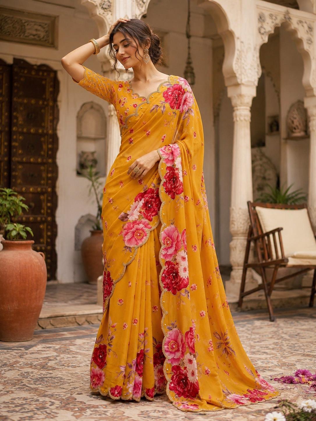 Premium Georgette Digital Floral Print Saree With Unstitched Blouse(yellow)