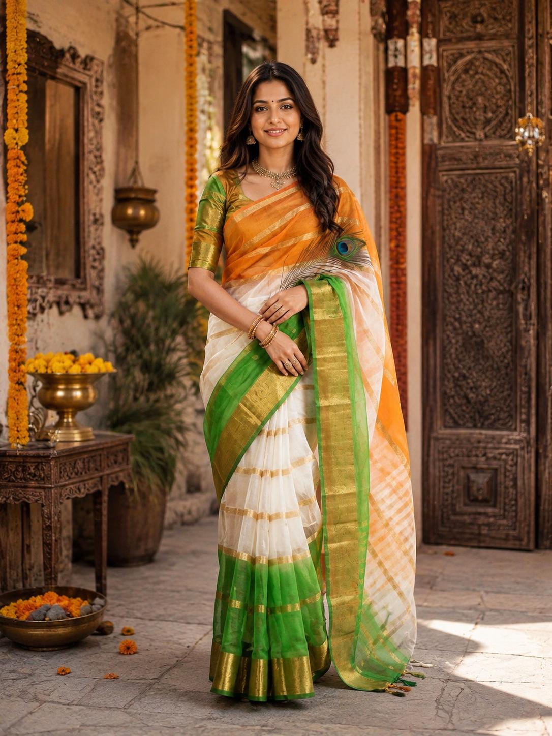 Organza Silk Saree With Unstitched Blouse(multicolor)