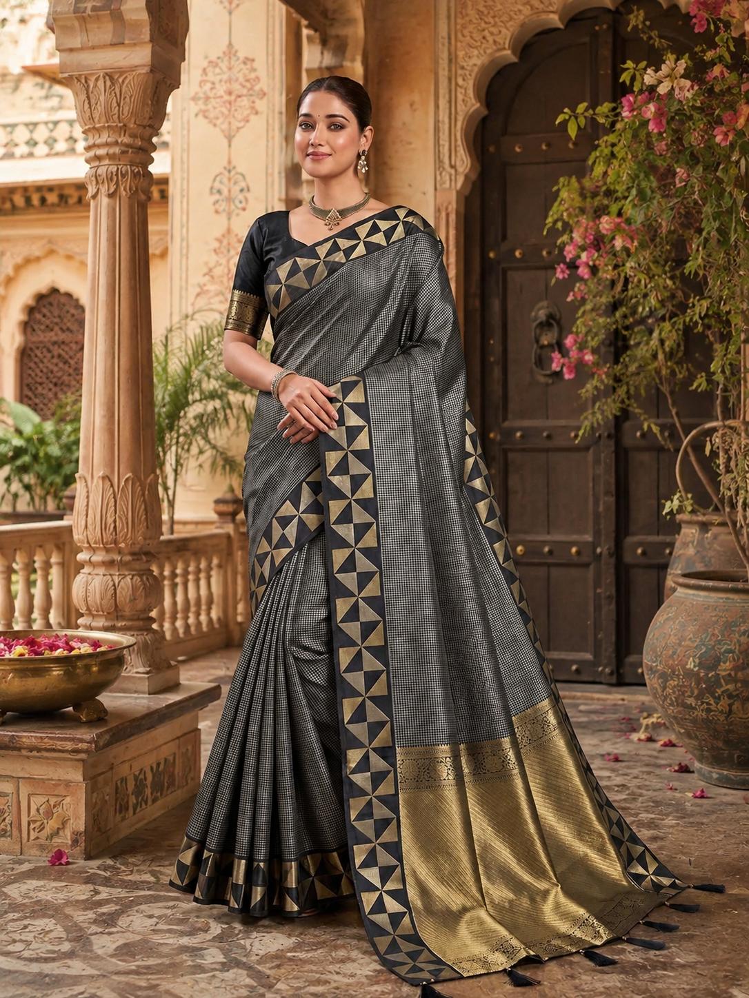 Premium Art Silk Zari Triangle Border Saree With Unstitched Blouse(grey)