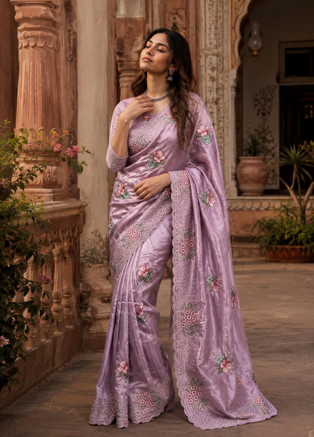 Georgette Multi Embroidery Work Saree With Unstitched Blouse(pink)