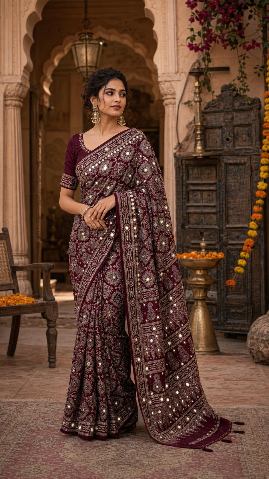 Premium Satin Ajrakh Printed Mirror Work Saree With Unstitched Blouse(wine)