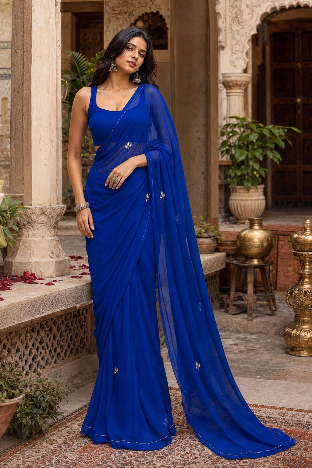 Exclusive Georgette Handwork Saree With Unstitched Blouse(blue)