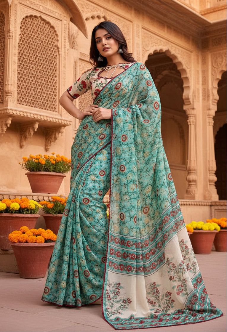 Soft Georgette Ajrakh Print Saree With Unstitched Blouse(green)