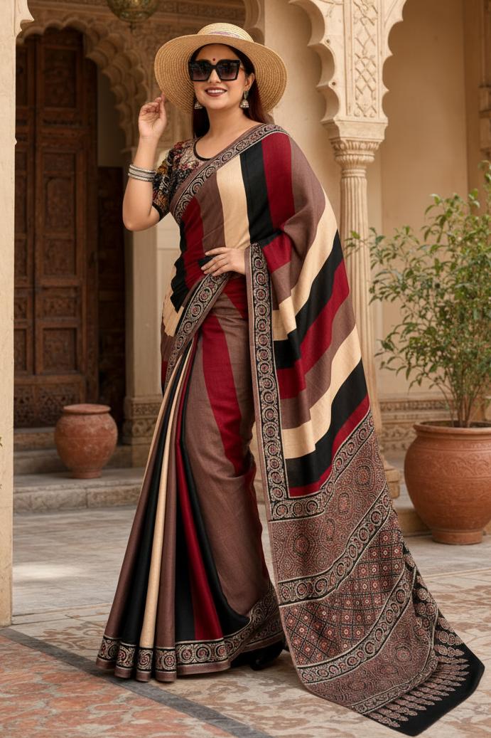 Muslin Silk Ajrakh Printed Saree With Unstitched Blouse(maroon)