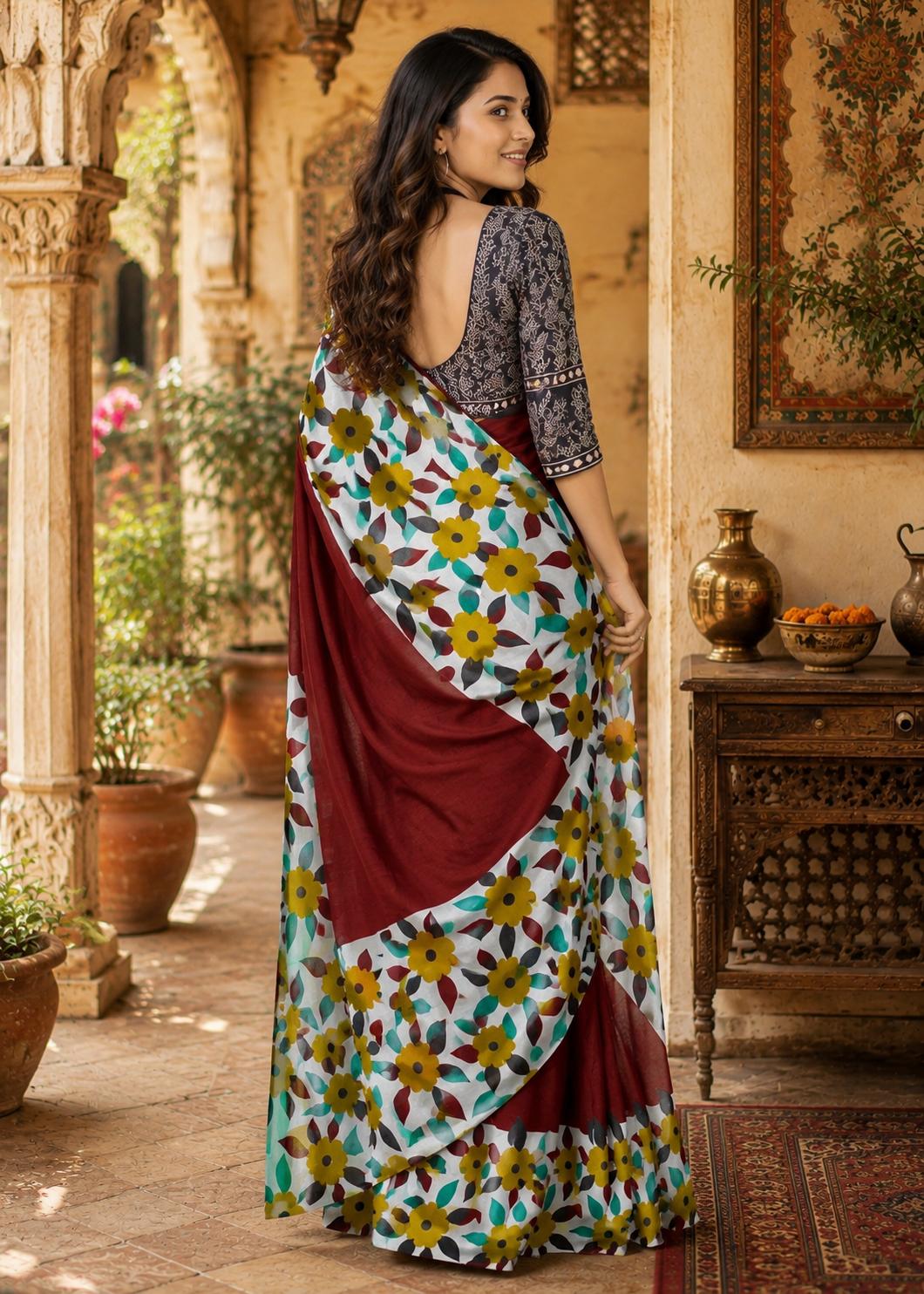 Soft Mulmul Cotton Block Printed Saree With Unstitched Blouse(red) image 2