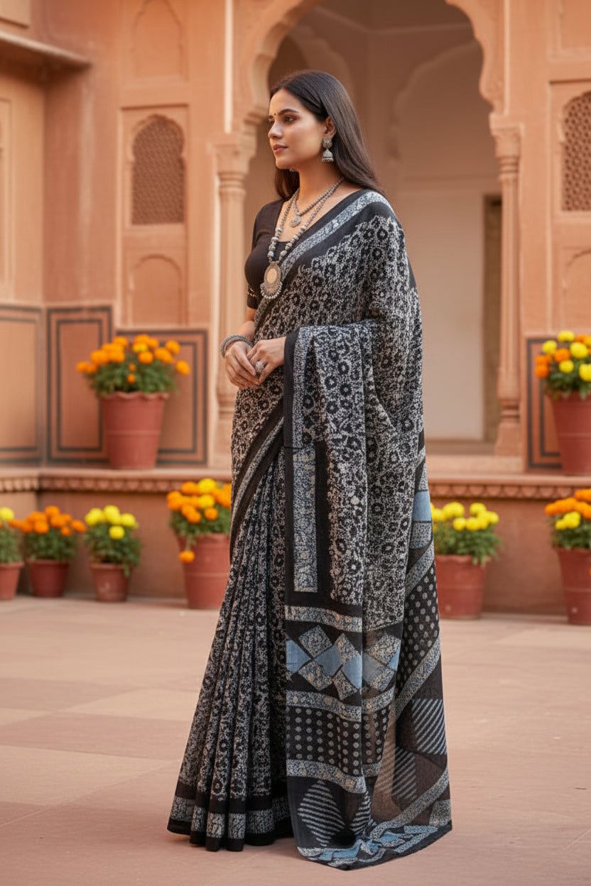 Mulmul Cotton Batik Print Saree With Unstitched Blouse(blue) image 2