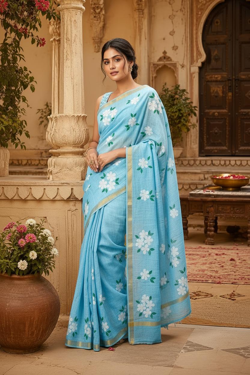 Linen Gold Digital Printed Saree With Unstitched Blouse(sky Blue) image 2