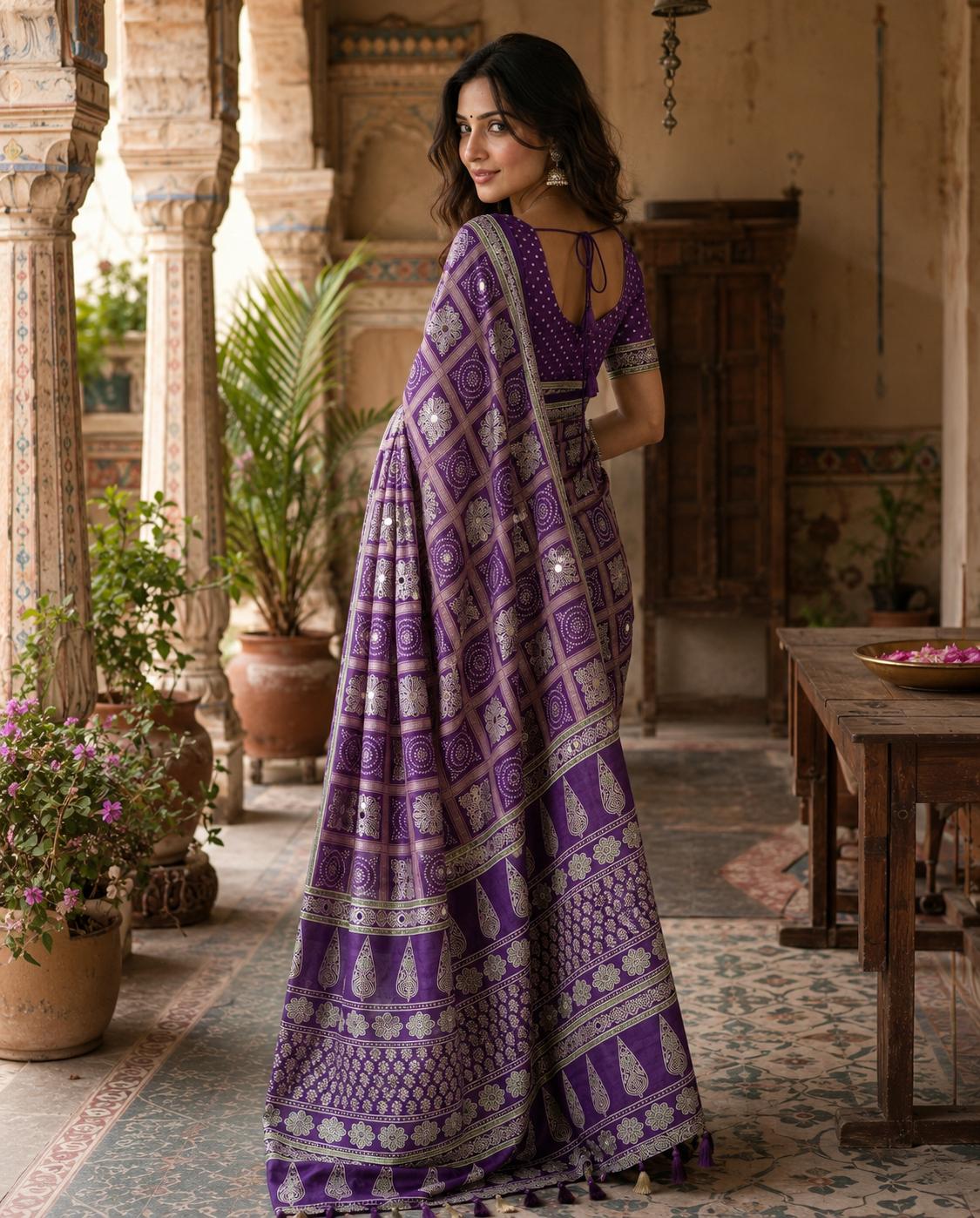 Satin Silk Ajrakh Printed Saree With Unstitched Blouse(purple) image 2