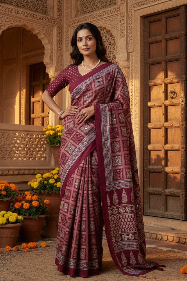Satin Silk Ajrakh Printed Saree With Unstitched Blouse(red) image 2