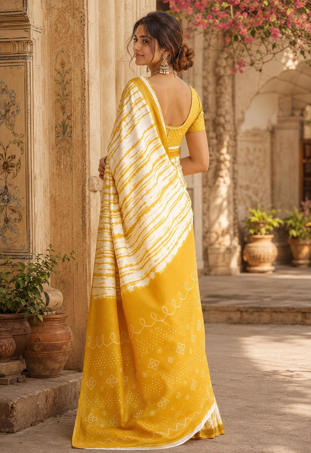 Linen Printed Saree With Unstitched Blouse(yellow) image 2