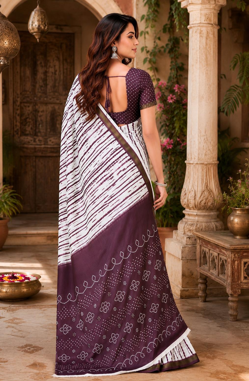 Linen Printed Saree With Unstitched Blouse(brown) image 2
