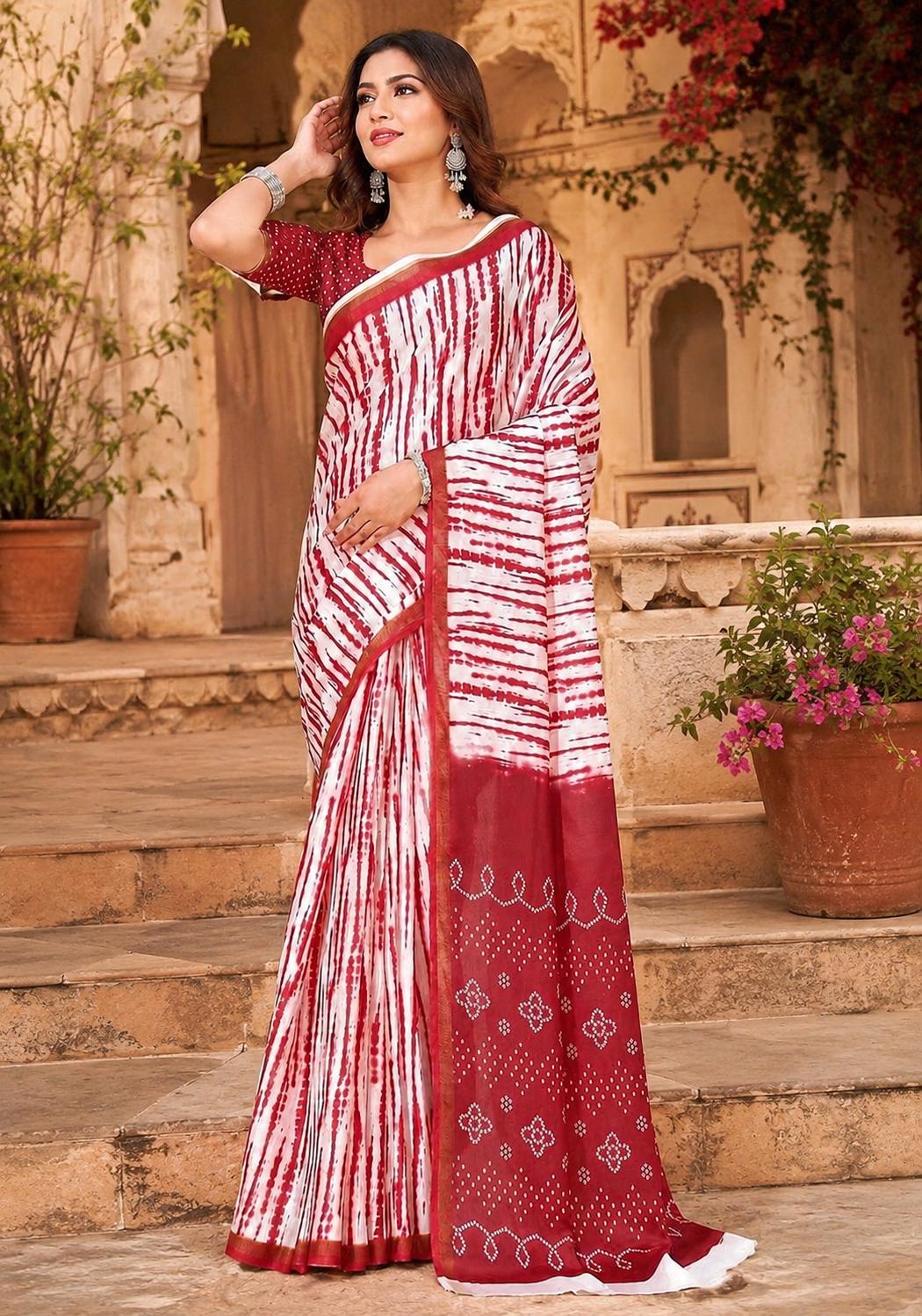 Linen Printed Saree With Unstitched Blouse(red) image 2