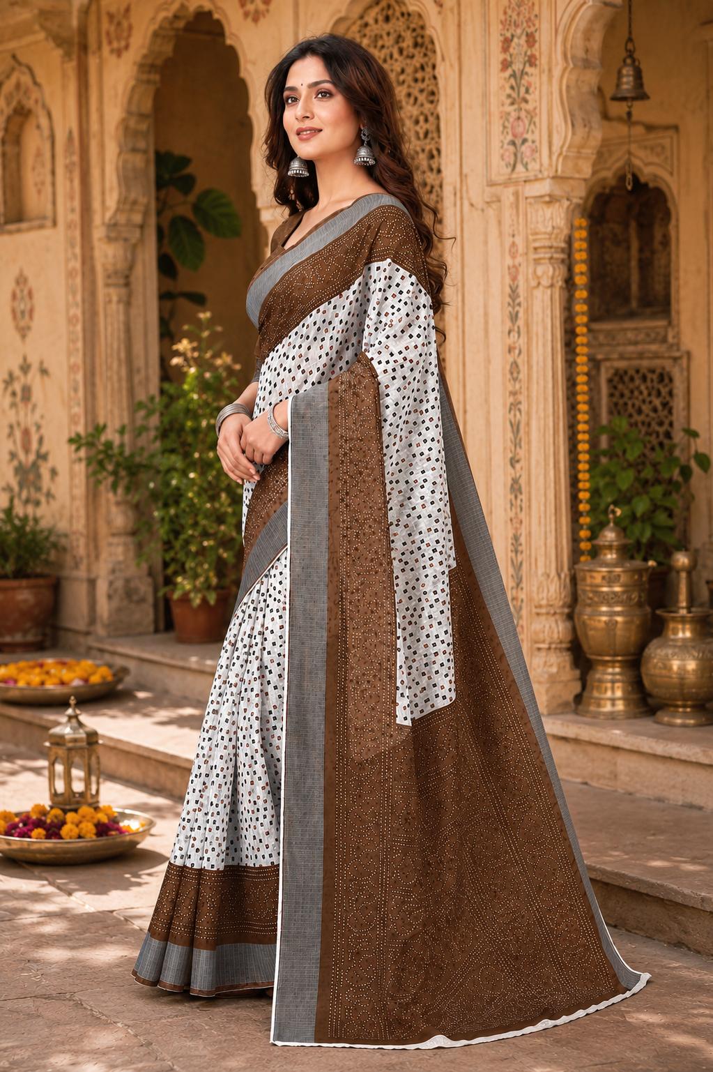 Linen Printed Saree With Unstitched Blouse(coffee) image 2