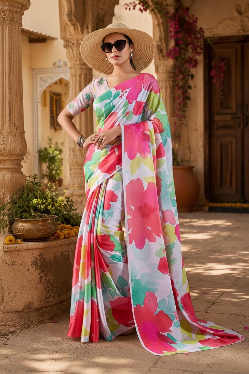Satin Georgette Printed Printed Saree With Unstitched Blouse(white) image 2