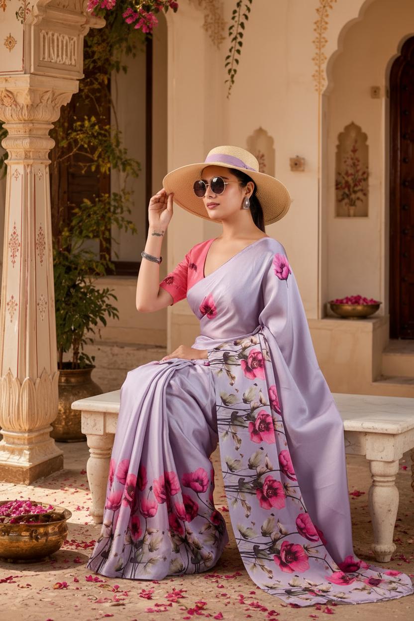 Satin Georgette Printed Printed Saree With Unstitched Blouse(purple) image 2