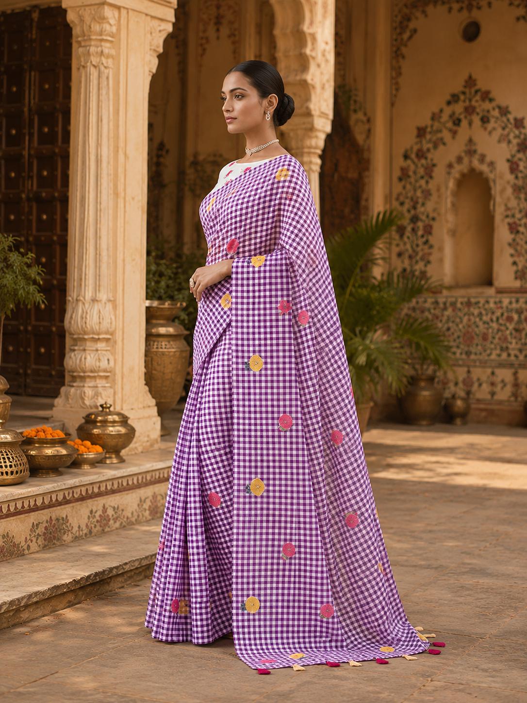 Linen Flora Chex Printed Saree With Unstitched Blouse(lavender) image 2