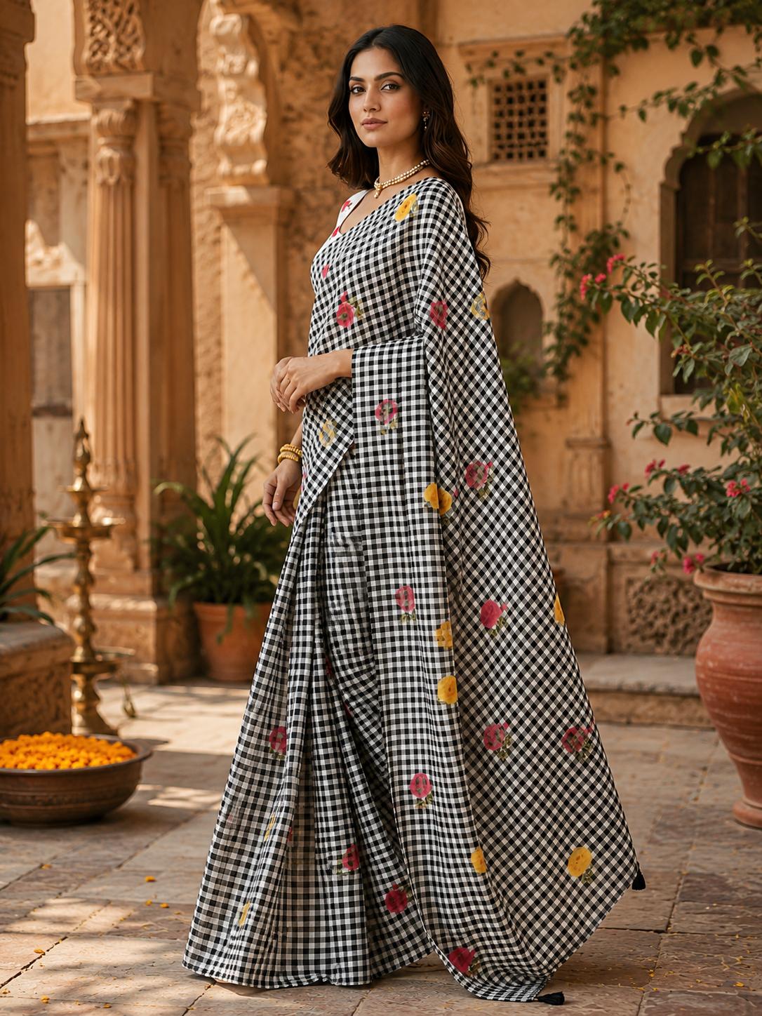Linen Flora Chex Printed Saree With Unstitched Blouse(grey) image 2