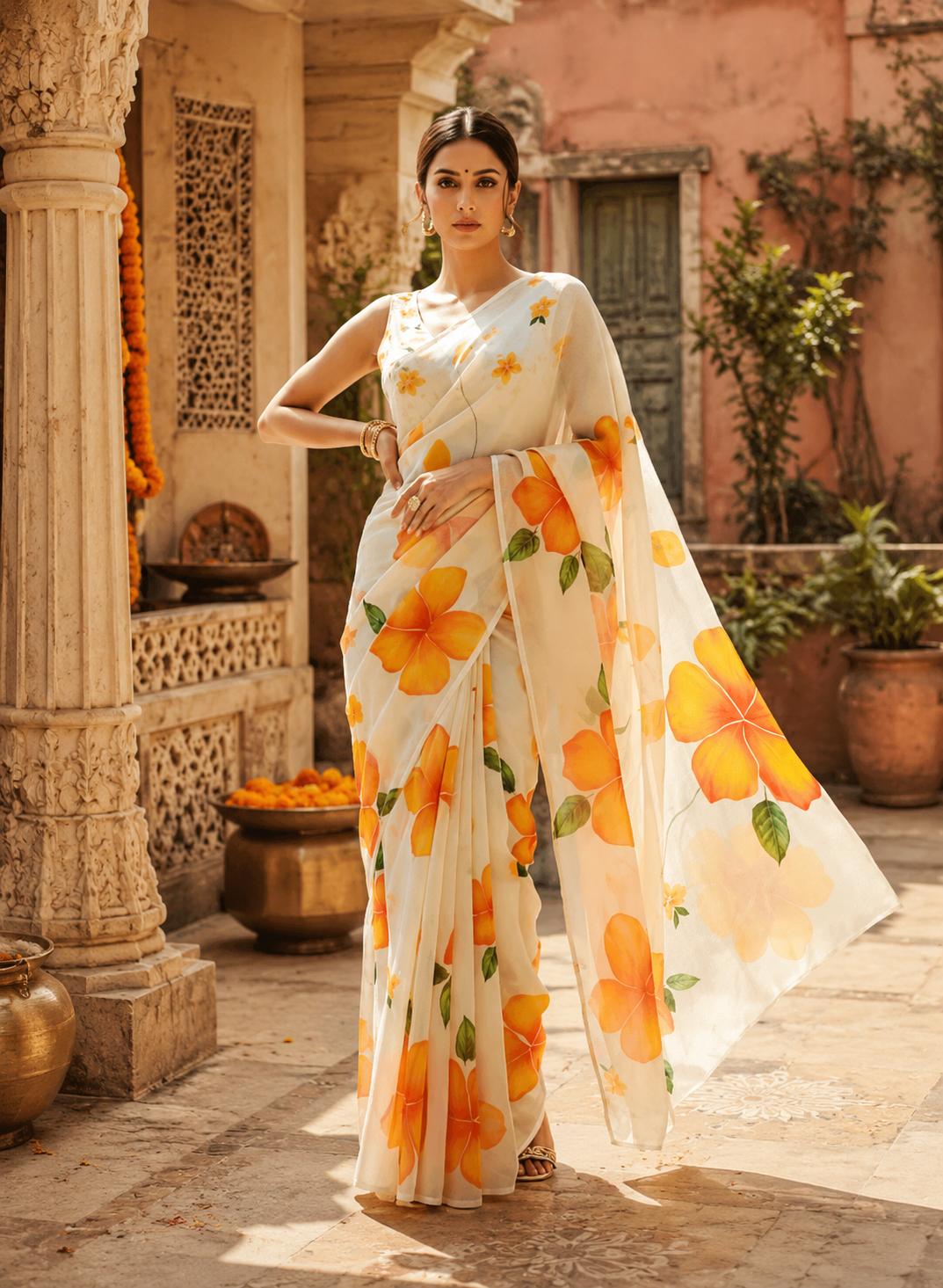 Georgette Floral Digital Print Saree With Unstitched Blouse(white) image 2