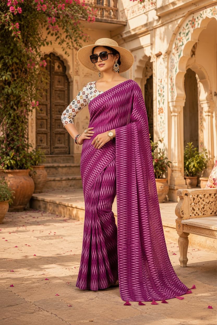 Crepe Silk Printed Sarees With Unstitched Blouse(purple) image 2