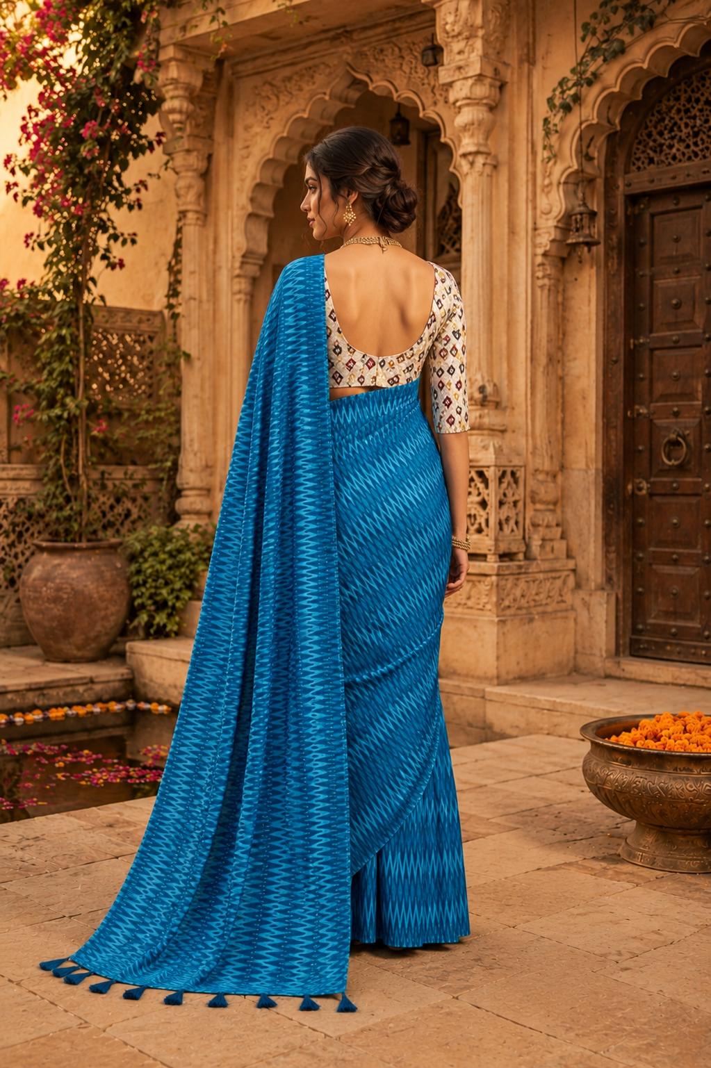Crepe Silk Printed Sarees With Unstitched Blouse(blue) image 2