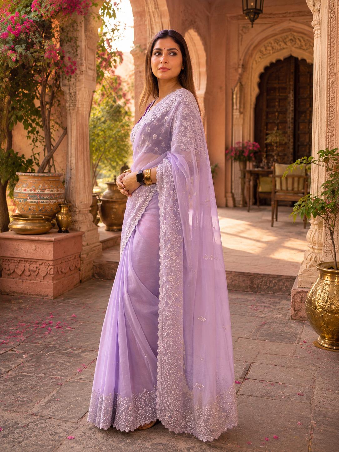 Soft Organza Embroidered Work Saree With Unstitched Blouse(violet) image 2
