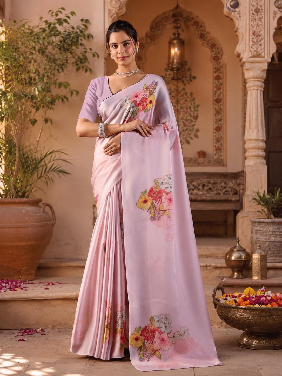 Satin Georgette Floral Printed Saree With Unstitched Blouse(violet) image 2