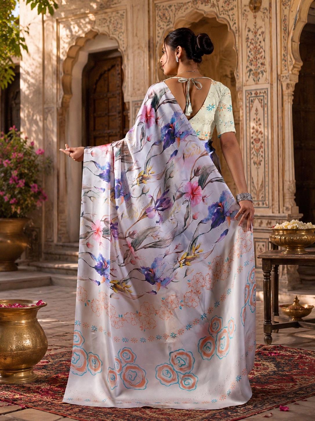 Satin Silk Digital Printed Saree With Unstitched Blouse(white) image 2