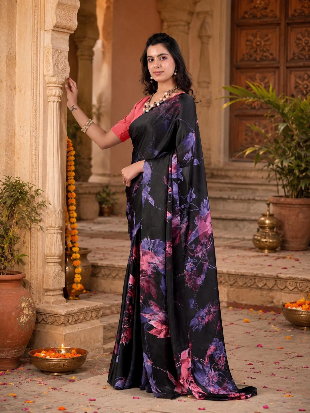 Satin Silk Printed Saree With Unstitched Blouse(black) image 2