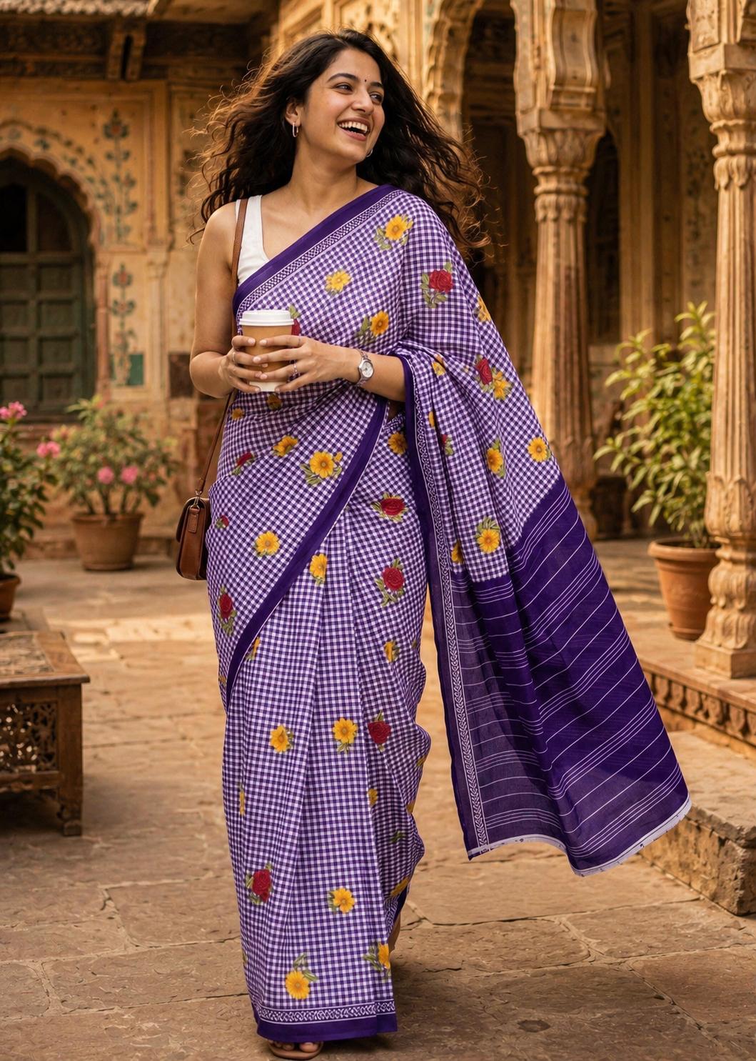 Soft Pure Mulmul Cotton Printed Saree With Unstitched Blouse(purple) image 2