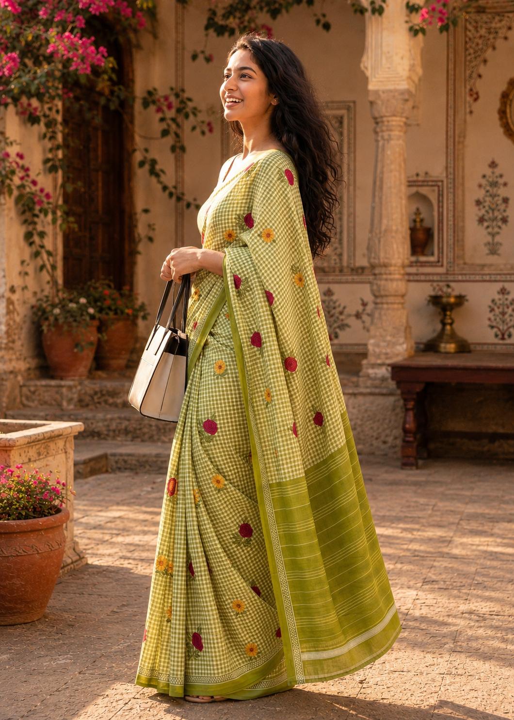 Soft Pure Mulmul Cotton Printed Saree With Unstitched Blouse(green) image 2