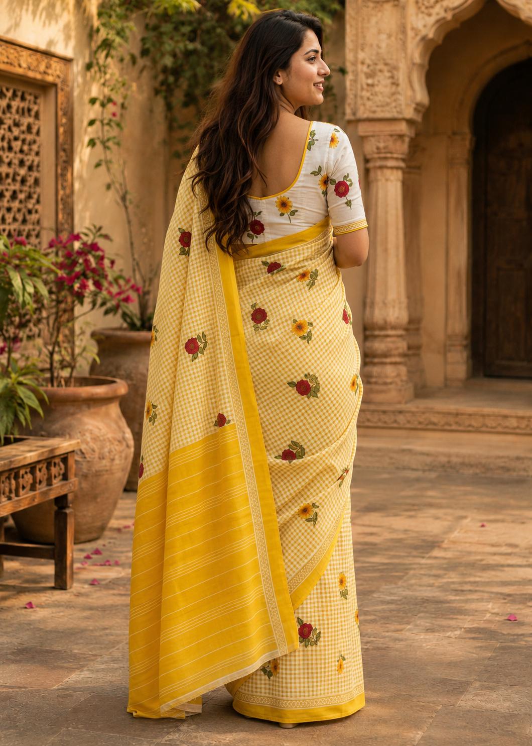 Soft Pure Mulmul Cotton Printed Saree With Unstitched Blouse(yellow) image 2