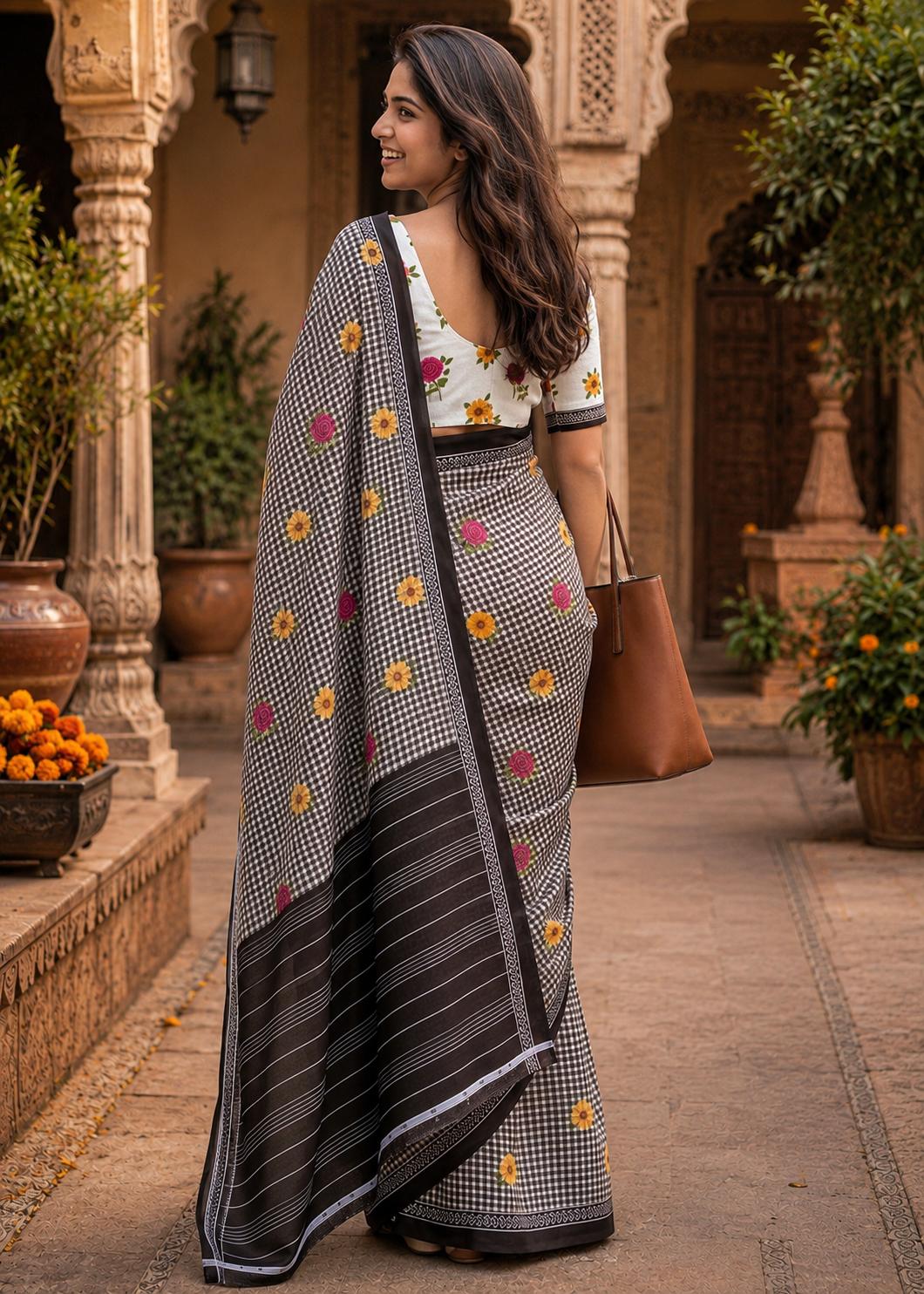Soft Pure Mulmul Cotton Printed Saree With Unstitched Blouse(black) image 2
