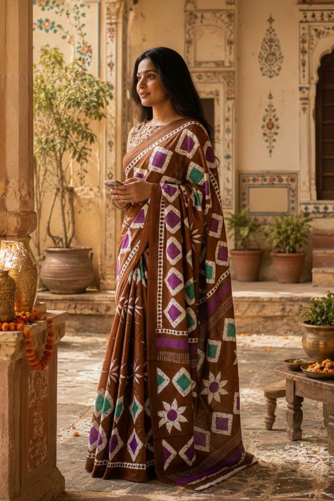 Soft Mulmul Cotton Batik Block Printed Saree With Unstitched Blouse(brown) image 2