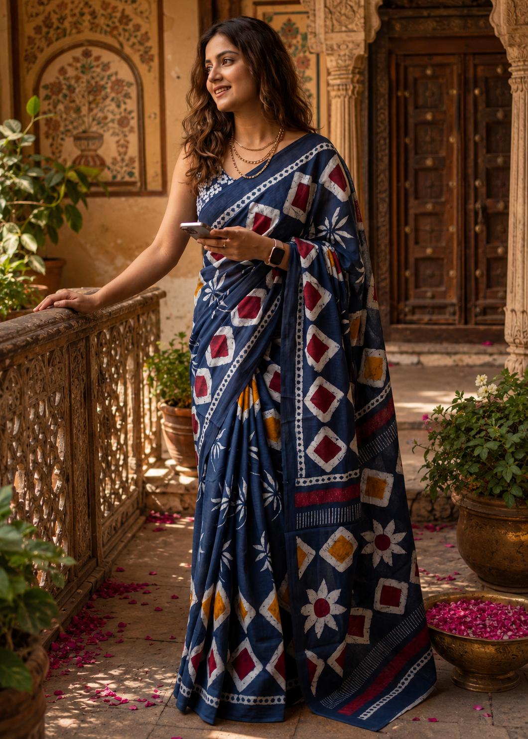 Soft Mulmul Cotton Batik Block-printed Saree With Unstitched Blouse(blue) image 2