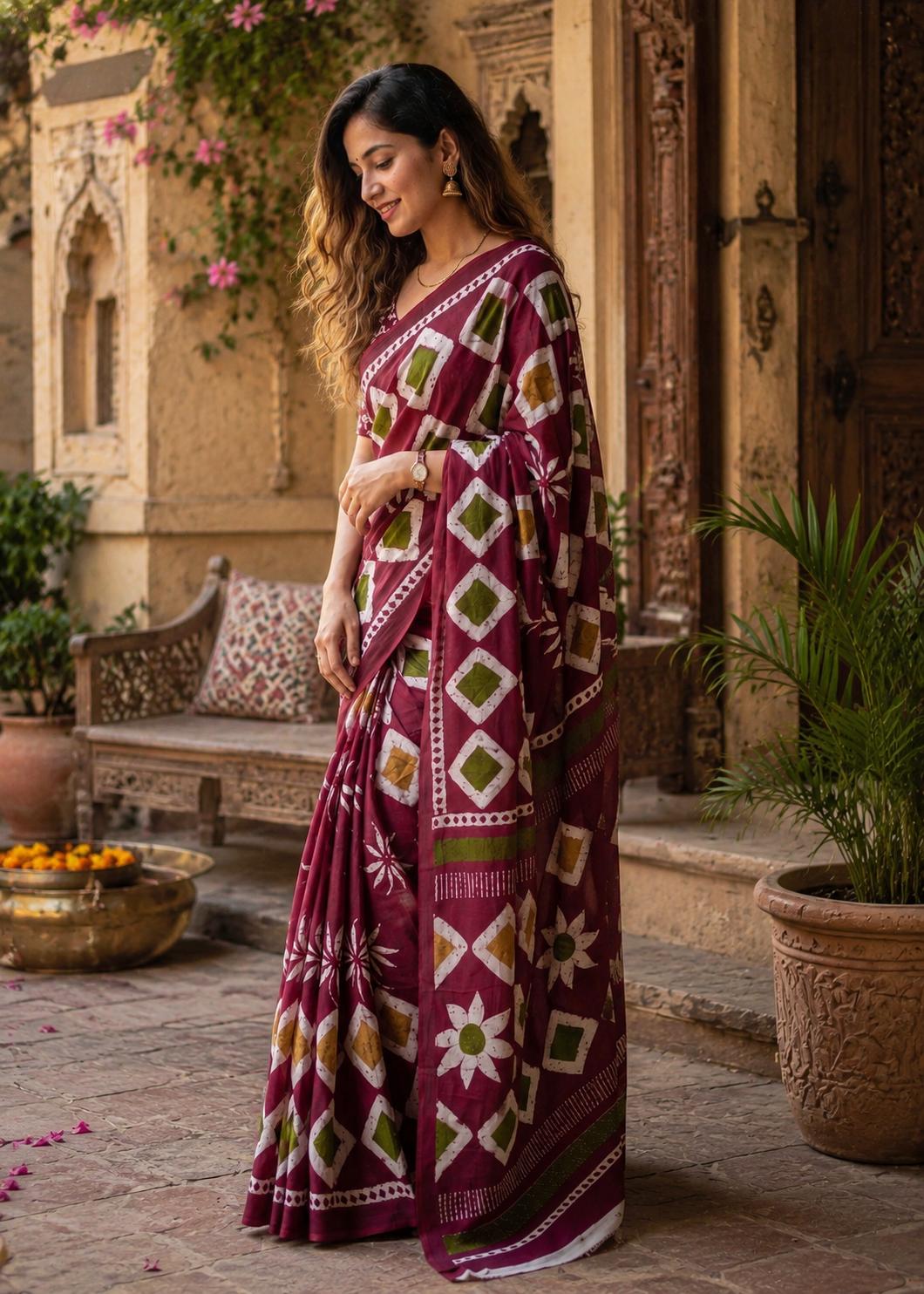 Soft Mulmul Cotton Batik Block-printed Saree With Unstitched Blouse(wine) image 2