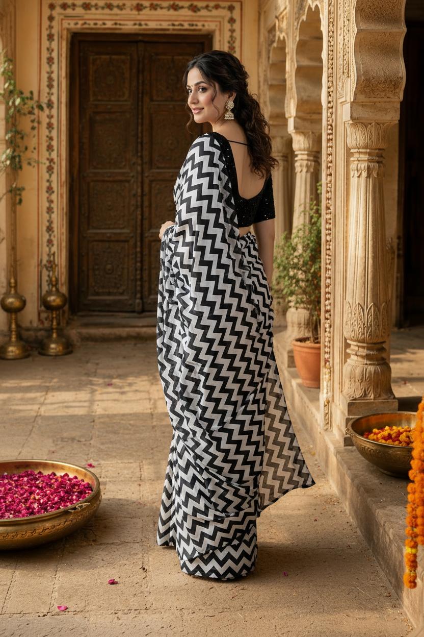 Georgette Marshmallow Printed Saree With Unstitched Blouse(white) image 2