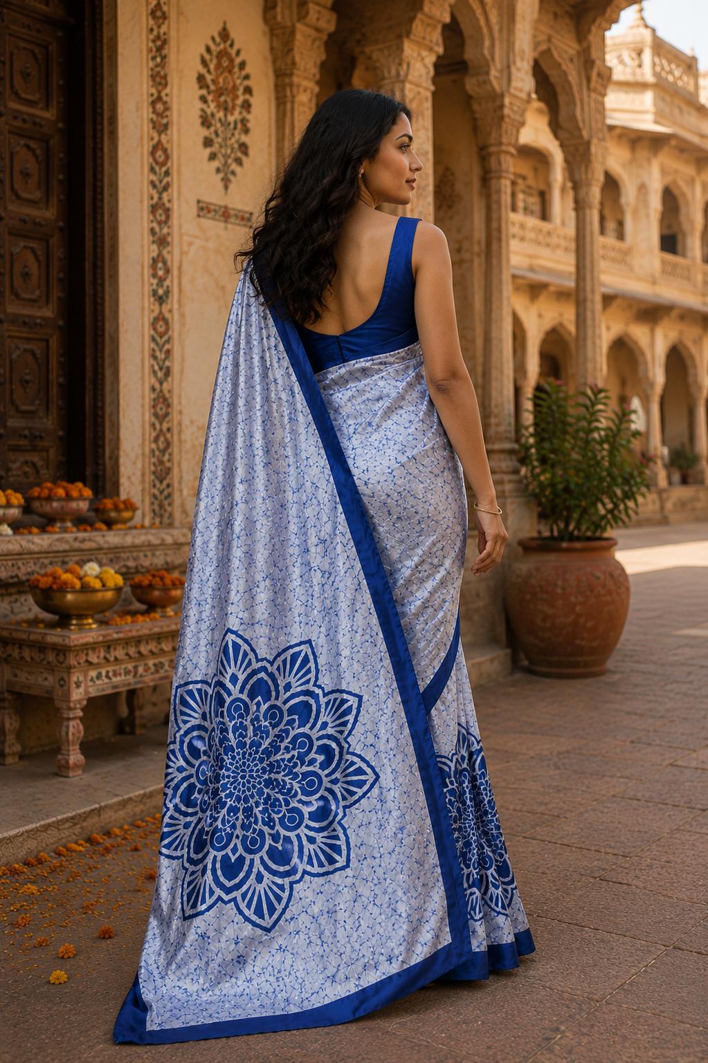 Satin Silk Printed Saree With Unstitched Blouse(grey) image 2