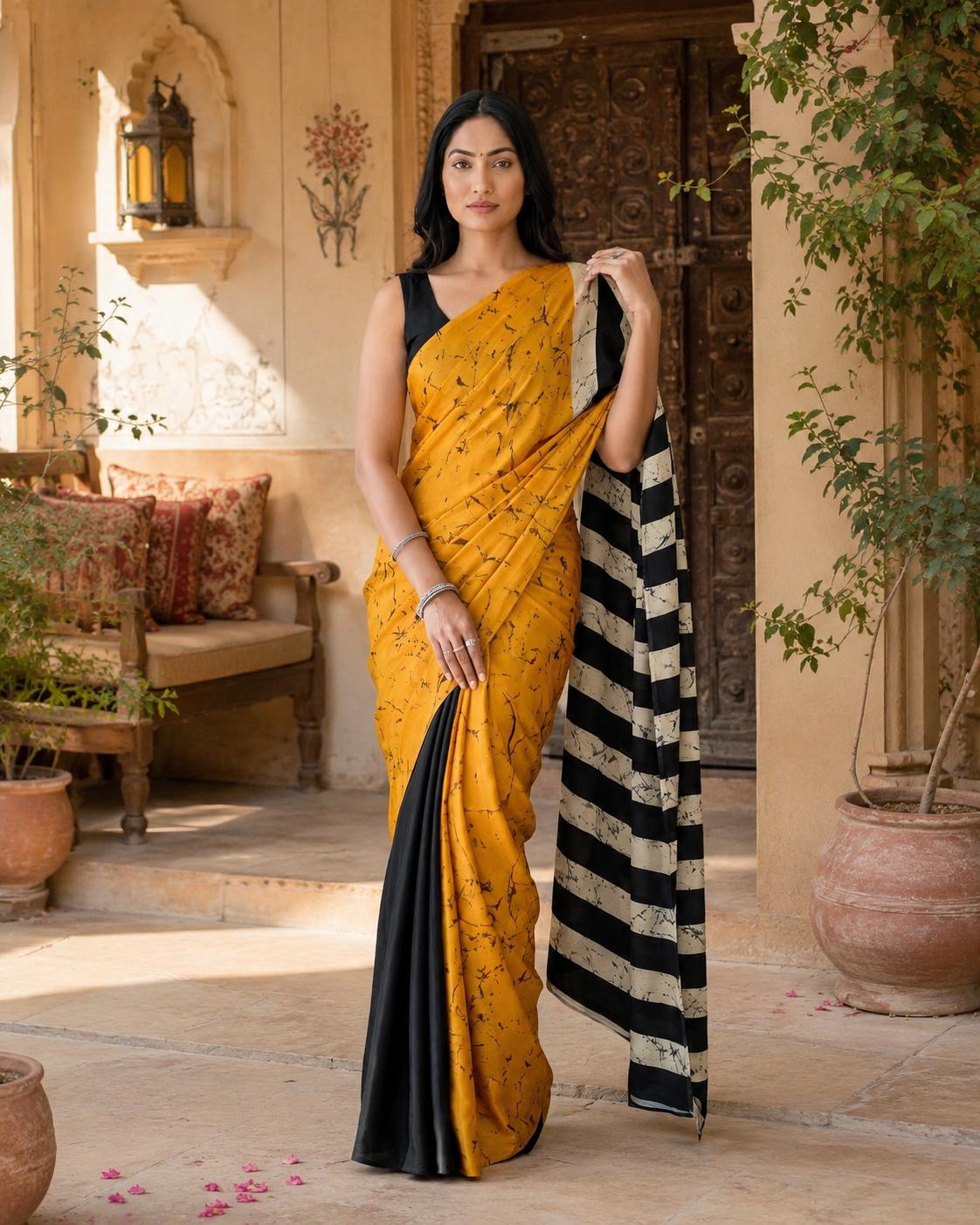 Satin Silk Printed Saree With Unstitched Blouse(yellow) image 2