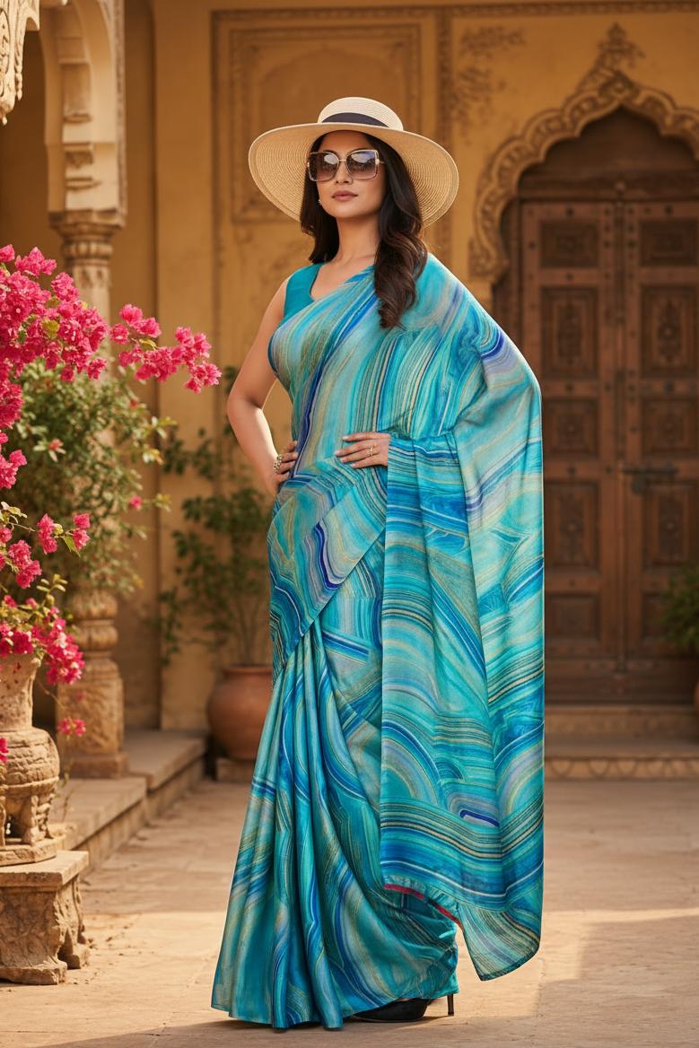 Satin Silk Printed Saree With Unstitched Blouse(blue) image 2