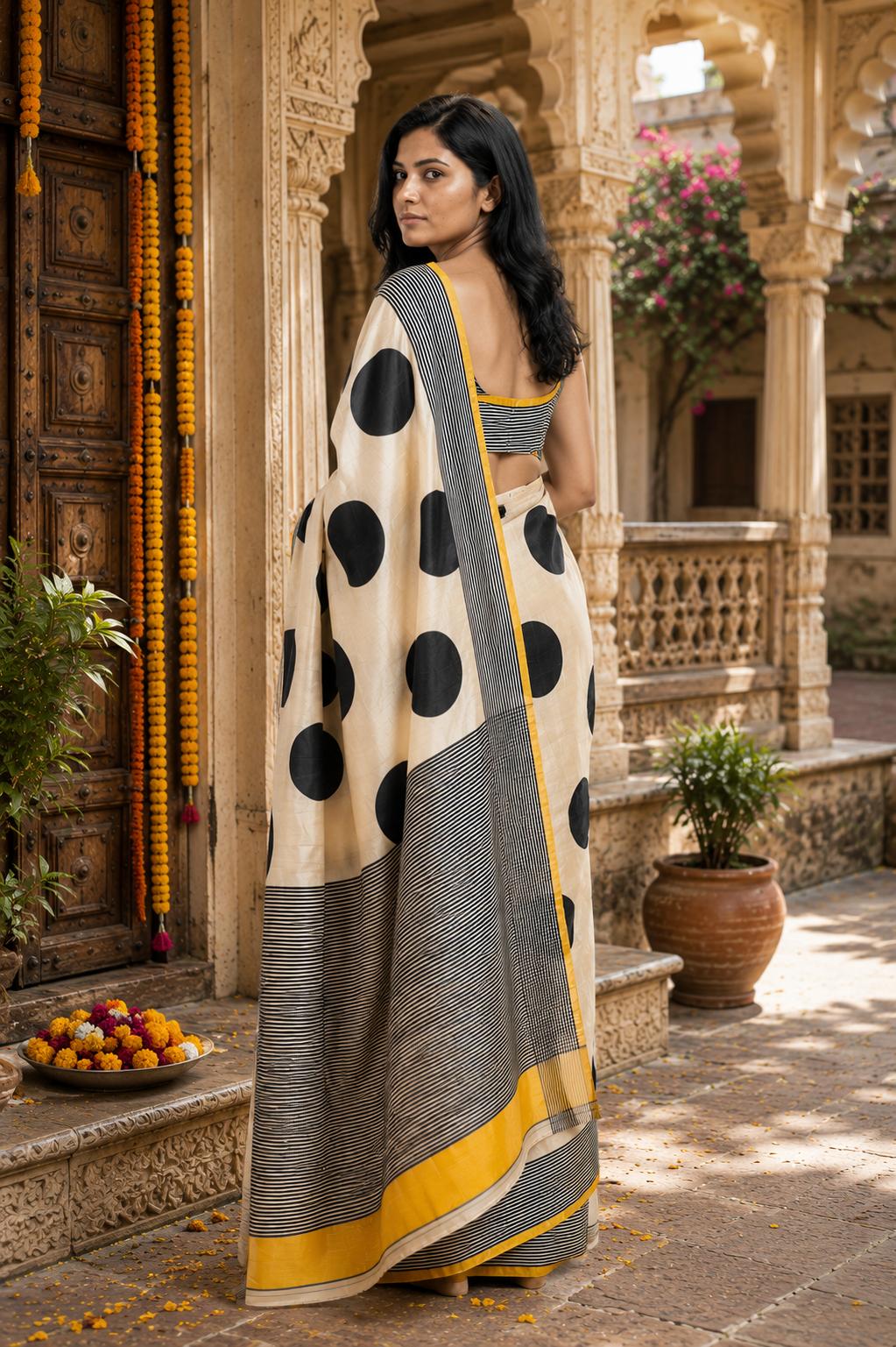 Satin Silk Printed Saree With Unstitched Blouse(cream) image 2