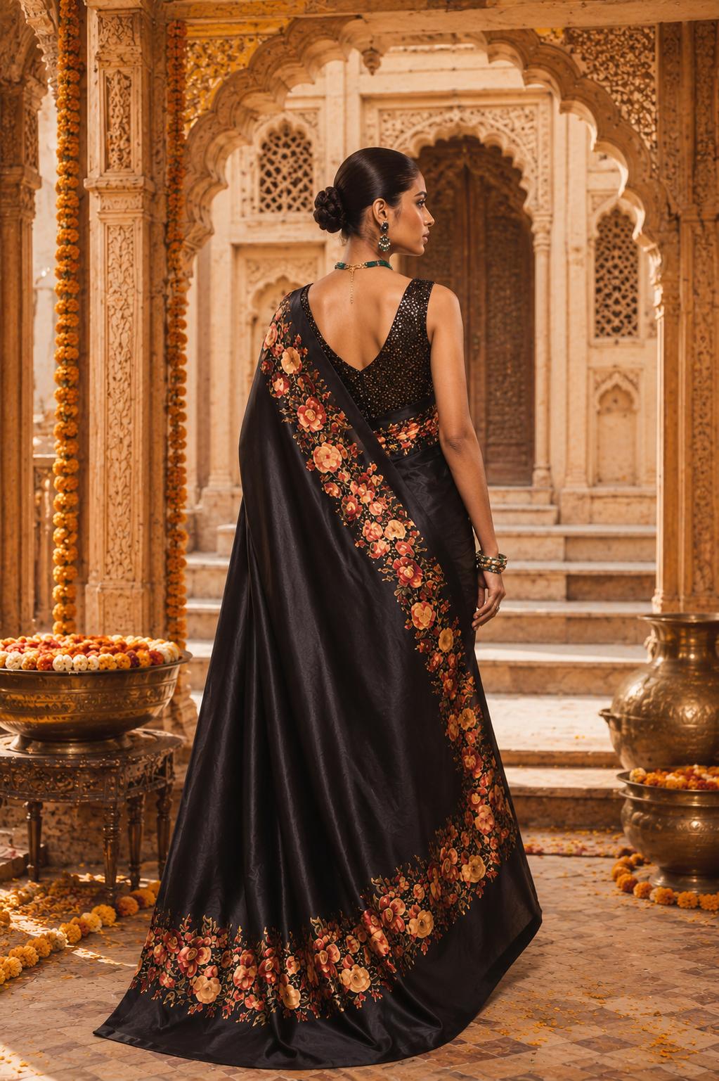 Satin Silk Floral Printed Saree With Unstitched Blouse( Black) image 2