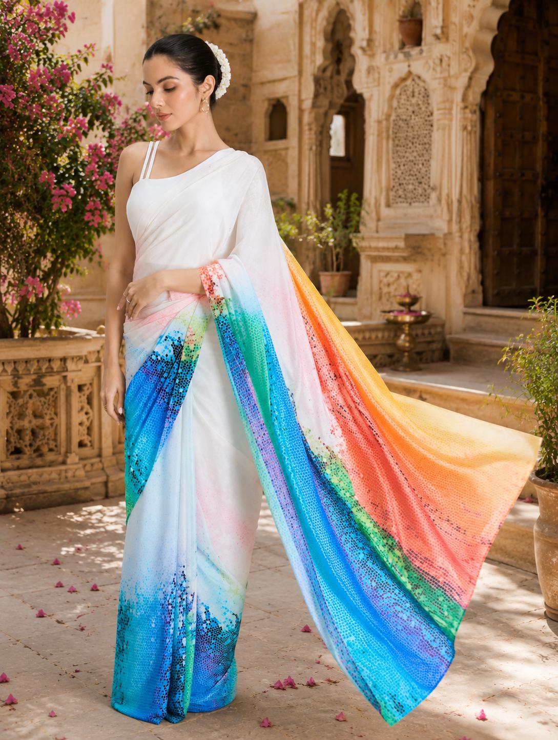 Original Japan Satin Printed Saree With Unstitched Blouse(white) image 2