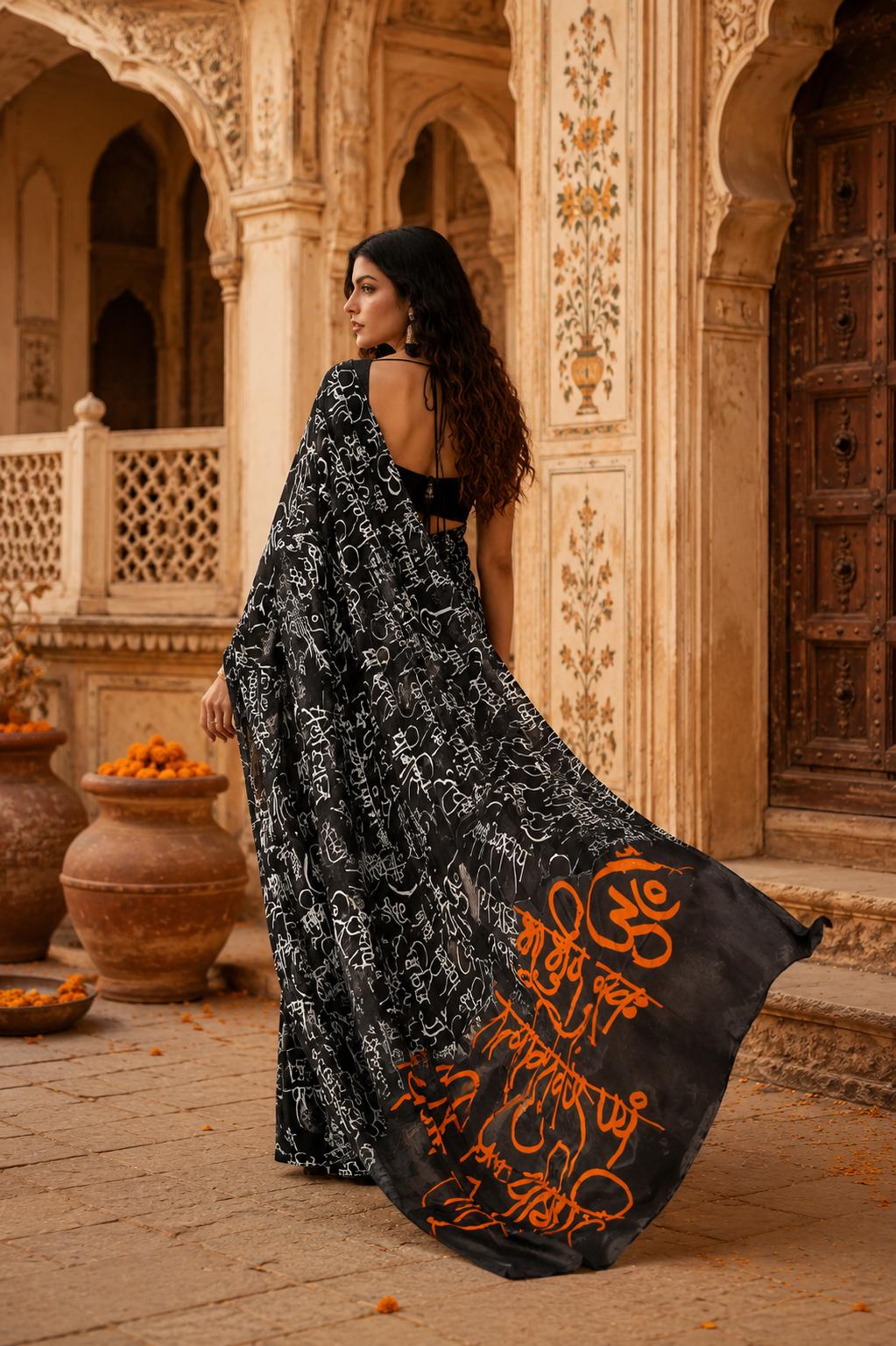 Original Japan Satin Printed Saree With Unstitched Blouse(black) image 2