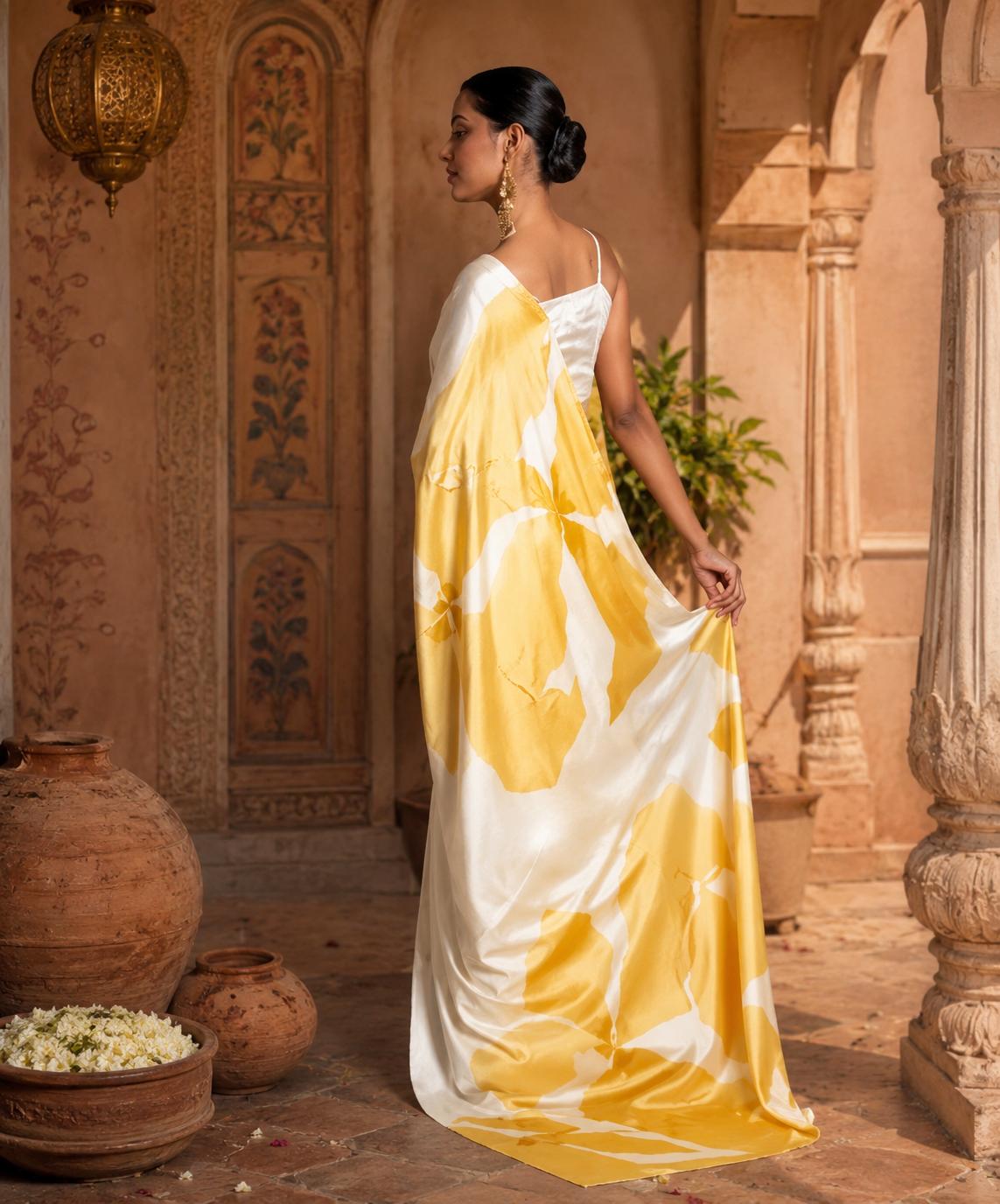 Japan Satin Printed Saree With Unstitched Blouse(yellow) image 2