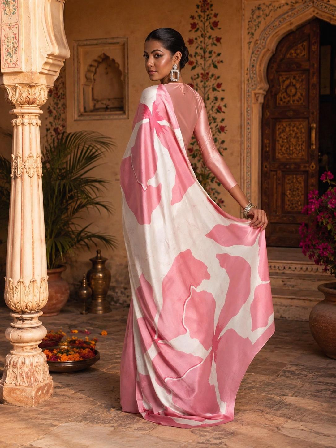 Japan Satin Printed Saree With Unstitched Blouse(pink) image 2
