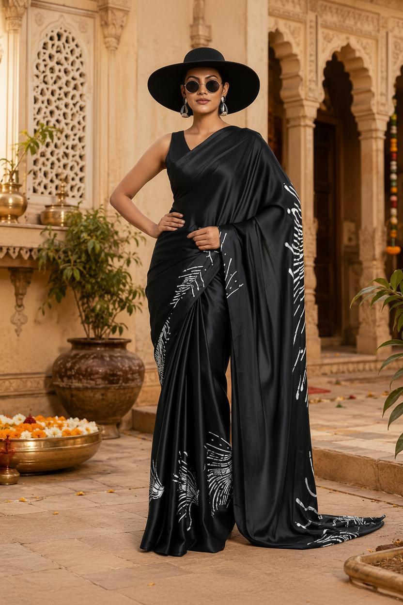 Japan Satin Printed Saree With Unstitched Blouse(black) image 2