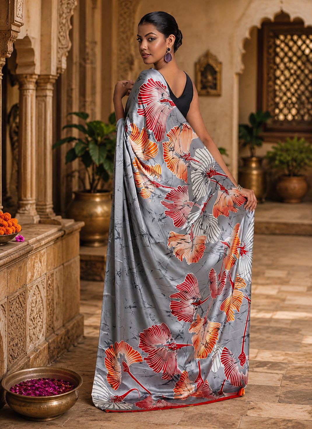 Japan Satin Printed Saree With Unstitched Blouse(grey) image 2