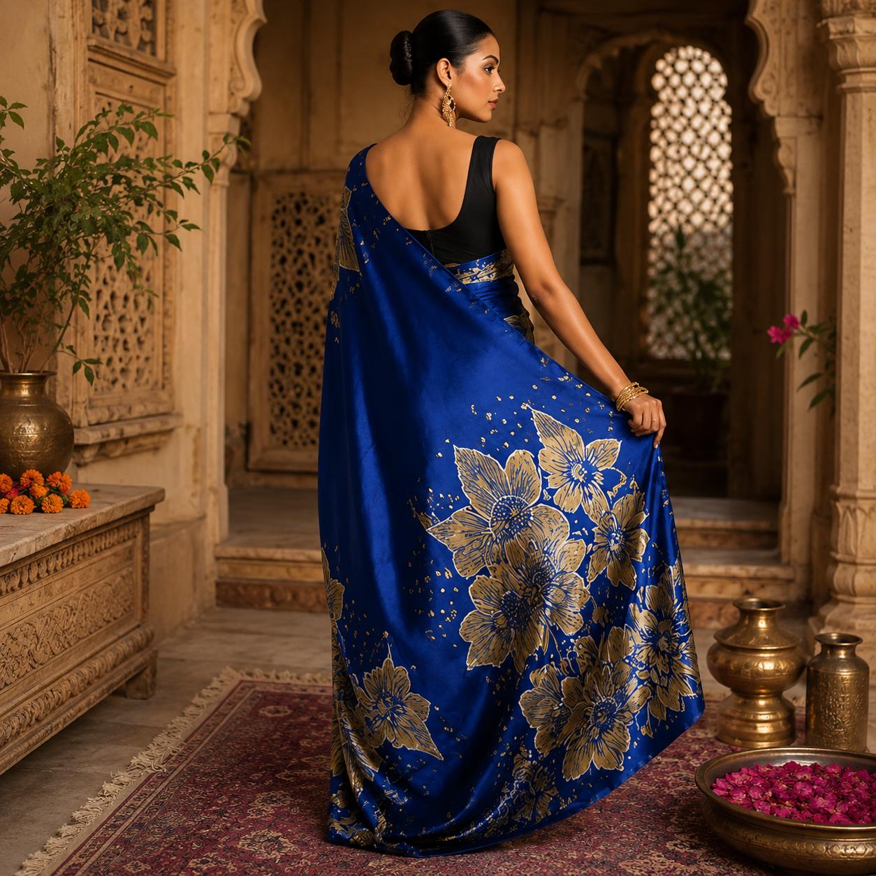 Japan Satin Printed Saree With Unstitched Blouse(blue) image 2
