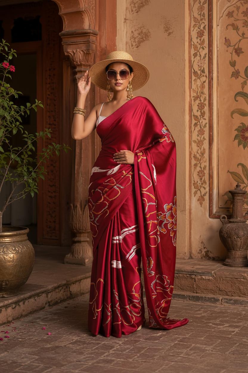 Japan Satin Printed Saree With Unstitched Blouse(red) image 2
