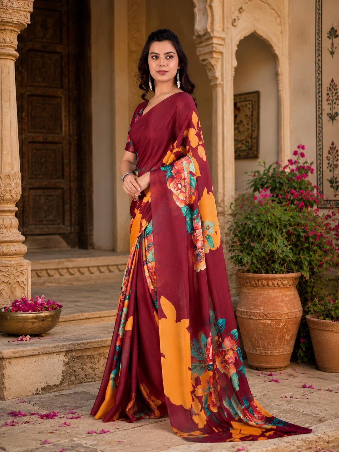 Georgette Satin Floral Printed Saree With Unstitched Blouse(red) image 2